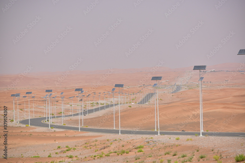LED solar lamp post in desert road.Photovoltaic.