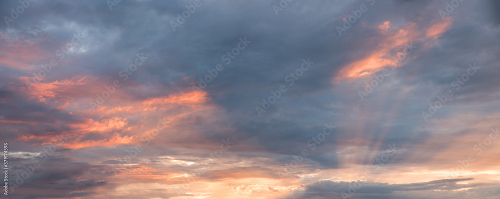sunset scenery, sky background with pink and grey clouds