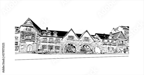 Building view with landmark of San Carlos de Bariloche is a town in Argentina. Hand drawn sketch illustration in vector.