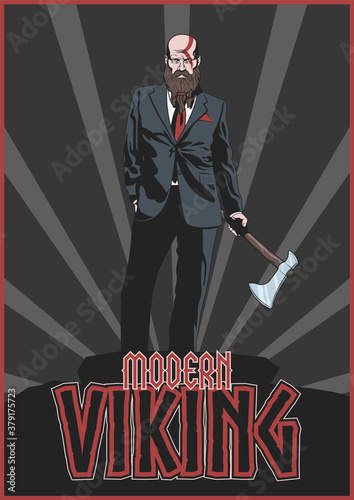 Modern Viking, Ancient Bearded Northerner in a Business Suit and with a Hatchet 