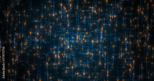  Digital binary data and streaming binary code executed by a computer on a 3D plane. Visual representation big data concept. Compiling, optimizing Neural Nets. 3D render
