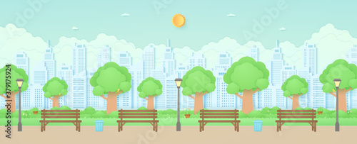 Wooden bench, street light and trash can in the garden with trees, bird on the branch, plant pots and flowers on grass, Cityscape, building background, paper art style