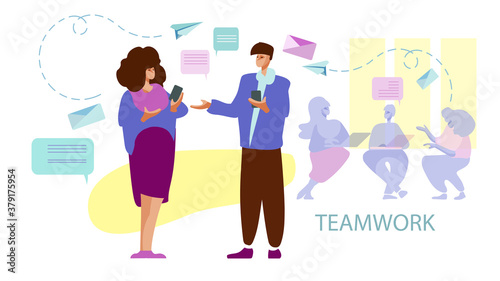 A man and a woman are having a business conversation, exchanging messages. Teamwork in the office. Vector illustration