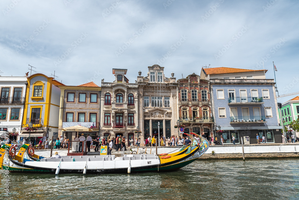 Traditional moliceiro boats on the river in Aveiro old town, Portugal