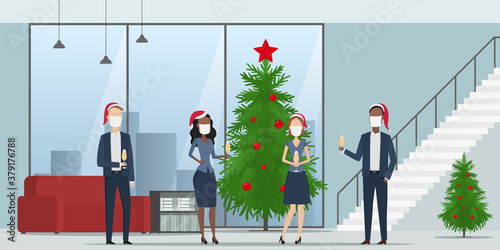 Corporate party in office. Employees in face masks and Christmas hats. Vector illustration.