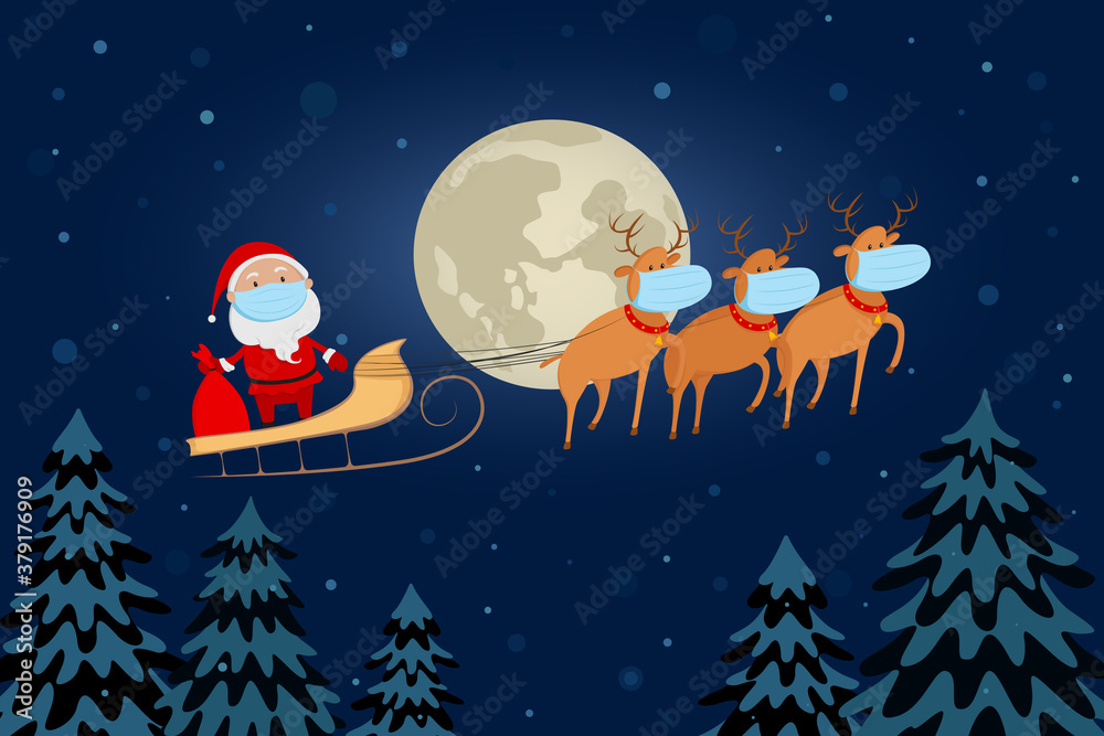 Naklejka premium Santa Claus in medical mask flying on reindeer sleigh above forest. Cartoon. Vector illustration.