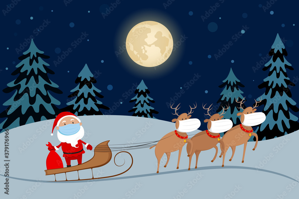 Santa Claus in medical mask riding on reindeer sleigh in night forest. Cartoon. Vector illustration. Santa Claus in medical mask riding on reindeer sleigh in night forest. Cartoon. Vector illustration.