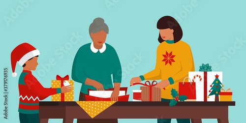 Family preparing gifts for Christmas