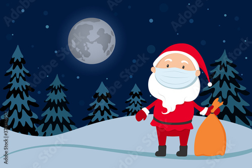 Santa Claus in medical mask standing in night forest. Cartoon. Vector illustration. © Vector DSGNR