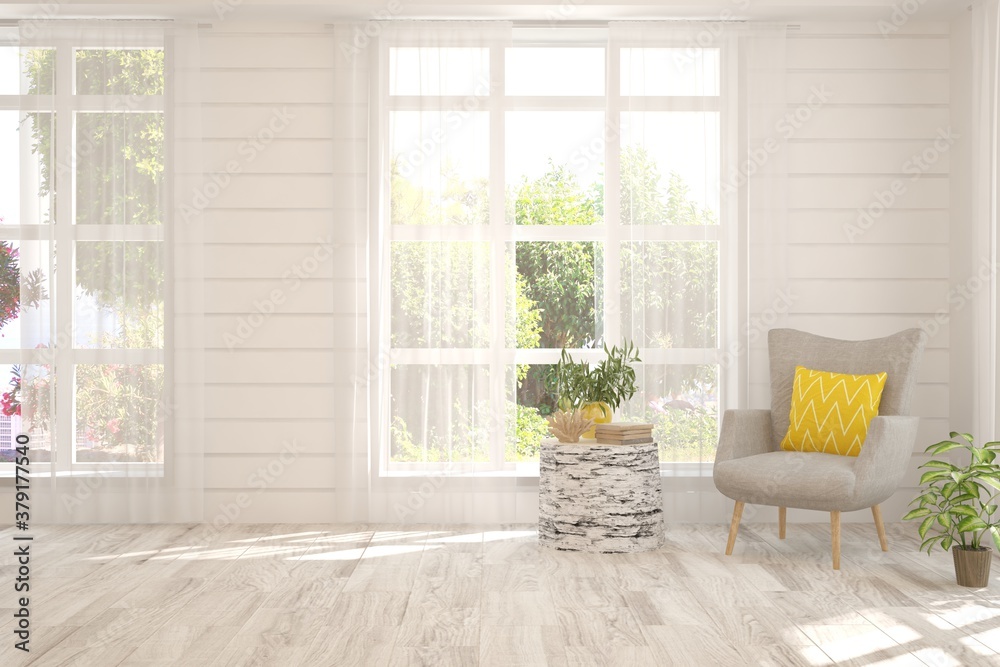 White living room with armchair. Scandinavian interior design. 3D illustration White living room with armchair. Scandinavian interior design. 3D illustration