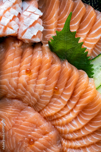 Food series: Salmon sashimi, raw salmon, Japanese food