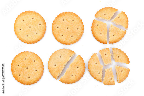 Dry cracker cookies isolated on white background. Saltines isolated. Top view, concept of food. Close-up.