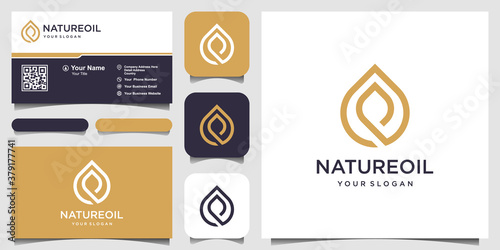 olive oil and leaf with line art style. water drop natural Vector logo design and business card