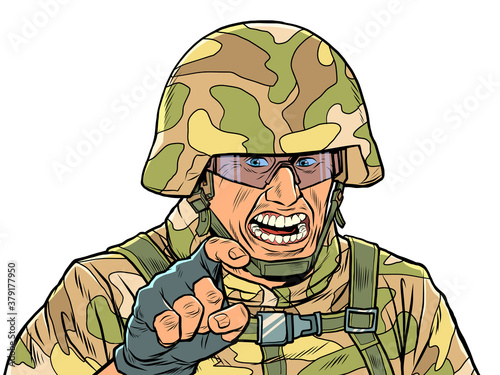 Aggressive military in camouflage and helmet