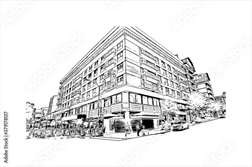 Building view with landmark of San Carlos de Bariloche is a town in Argentina. Hand drawn sketch illustration in vector.