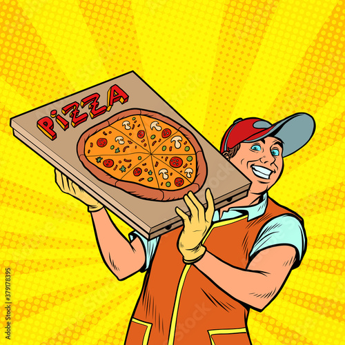 Pizza delivery boy. Street food