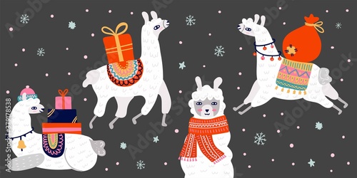 Christmas llama set. Winter llamas in scarf and hat with gifts and presents in different poses, merry xmas and happy new year banner, holiday animals collection in hand drawn cartoon vector style