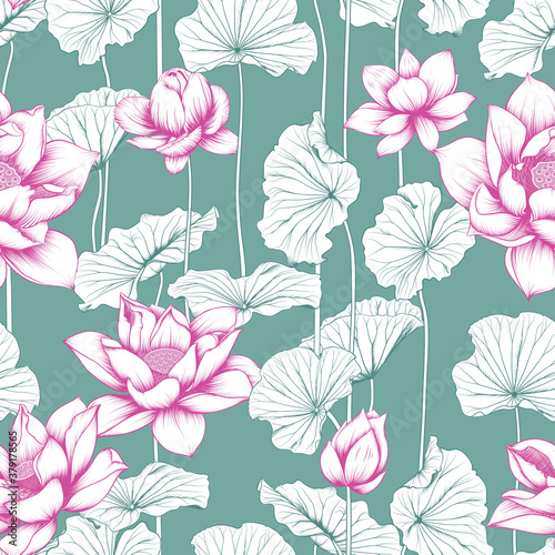 Fototapeta Naklejka Na Ścianę i Meble -  Seamless Pink Lotus Flowers with Green Leaves on Green Background for Fabric and Decorative Patterns
