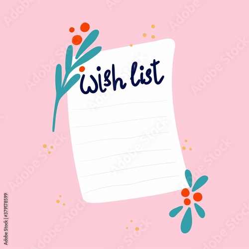 Blank wish list template. Journal page design with lettering and leaves and berries on pink background, cartoon doodle isolated illustration
