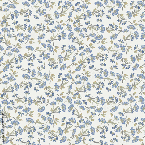 Vector floral seamless pattern. Abstract background with simple small blue flowers, green leaves. Liberty style wallpapers. Elegant ditsy texture. Subtle floral ornament. Repeat design for decor, wrap
