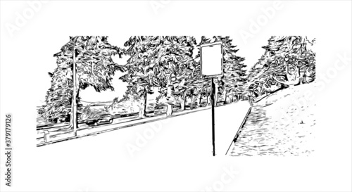 Building view with landmark of San Carlos de Bariloche is a town in Argentina. Hand drawn sketch illustration in vector.