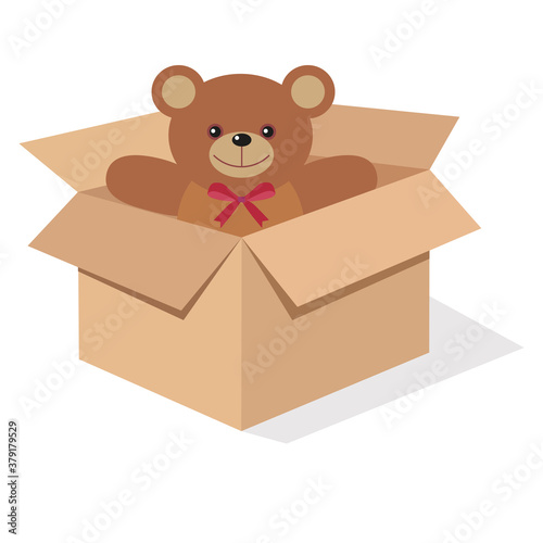illustration of a teddy bear in a cardboard box with a shadow on a white background