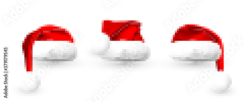 Realistic Red Santa Claus hat isolated on white background. Gradient mesh Santa Claus cap with fur. Vector illustration