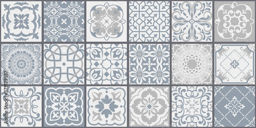 Collection of 18 ceramic tiles in turkish style. Seamless colorful patchwork from Azulejo tiles. Portuguese and Spain decor. Islam, Arabic, Indian, Ottoman motif. Vector Hand drawn background