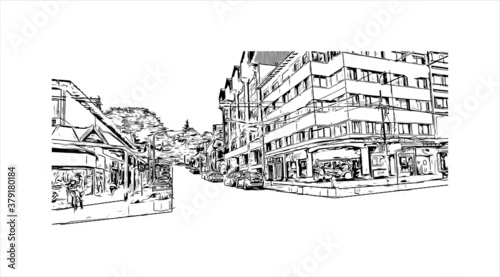 Building view with landmark of San Carlos de Bariloche is a town in Argentina. Hand drawn sketch illustration in vector.