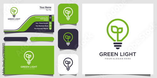 Bulb lamp nature leaf logo and business card design vector.