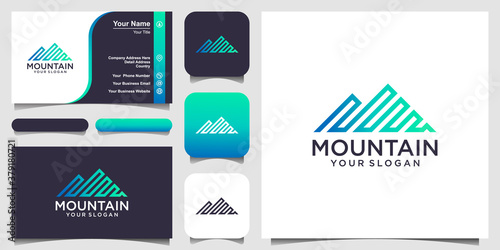 illustration of mountain with line art style logo and business card design vector.