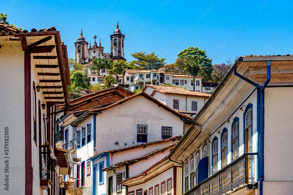 Old houses and churches in colonial architecture from the 18th century in the historic city of Ouro Preto in Minas Gerais, Brazil