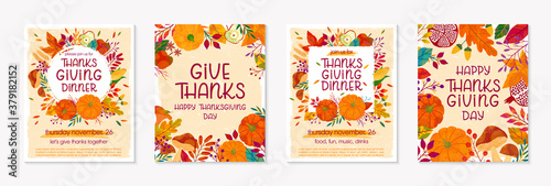 Bundle of Thanksgiving dinner templates with pumpkins,mushrooms,corn,apples,figs,wheat,plants,leaves,berries and floral elements.Holiday invitations design.Trendy autumn vector illustrations.