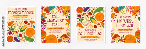 Bundle of autumn farmers market banners with pumpkins,mushrooms,eggplant,apple,zucchini,tomatoes,corn,beet,berries and floral elements.Local food fest design.Agricultural fair.Harvest season.