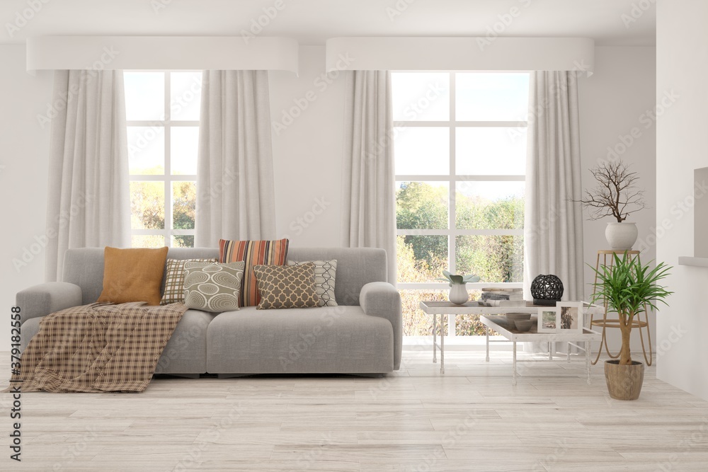 White living room with sofa. Scandinavian interior design. 3D illustration White living room with sofa. Scandinavian interior design. 3D illustration