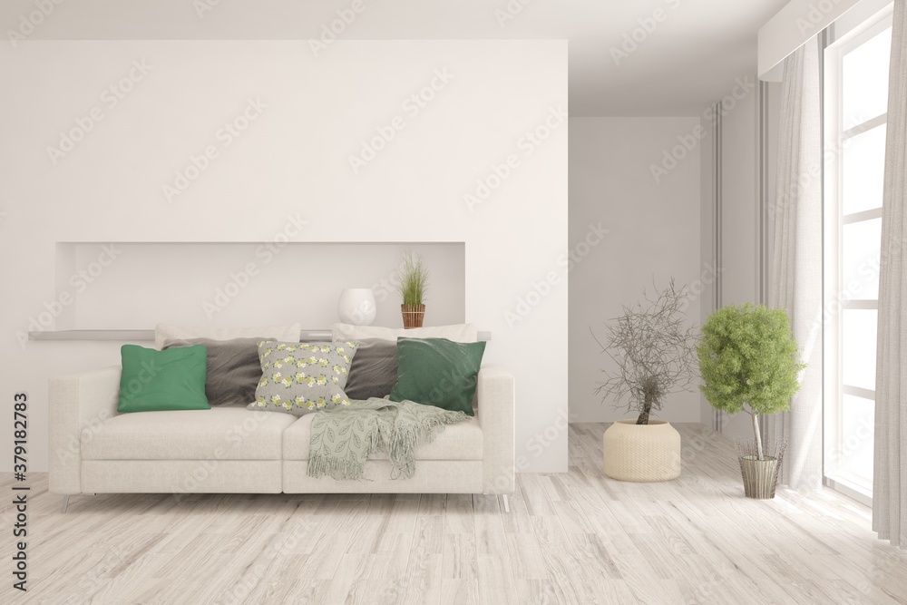 Fototapeta premium White living room with sofa. Scandinavian interior design. 3D illustration