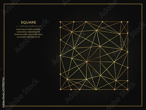 Square golden abstract illustration on dark background. Geometric shape polygonal template made from lines and dots.