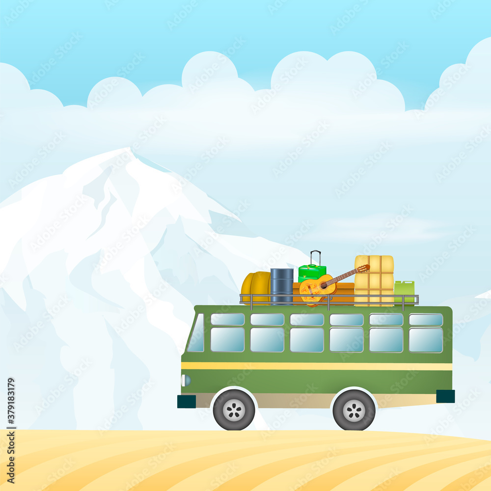 Naklejka premium Village bus in the mountaine vector illustration