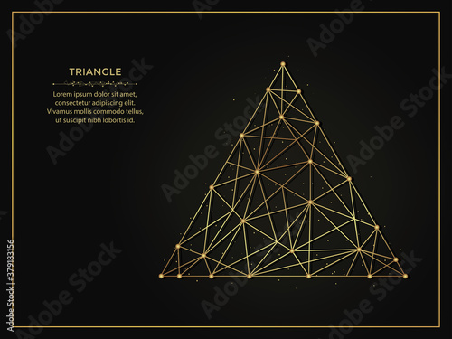 Triangle or delta golden abstract illustration on dark background. Geometric shape polygonal template made from lines and dots.