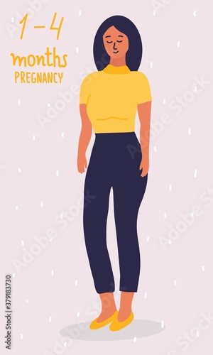 Young white pregnant woman. First trimester of pregnancy. She strokes her stomach. Hand written lettering 1-4 months. Cartoon vector illustration.