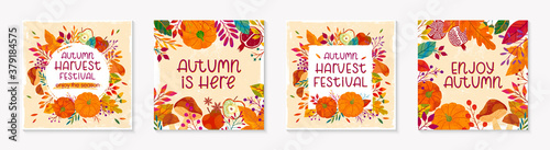 Autumn seasonals postes with leaves and floral elements in fall colors.Greetings and harvest fest banners perfect for prints,flyers,banners,invitations.Trendy fall designs.Vector autumn illustrations