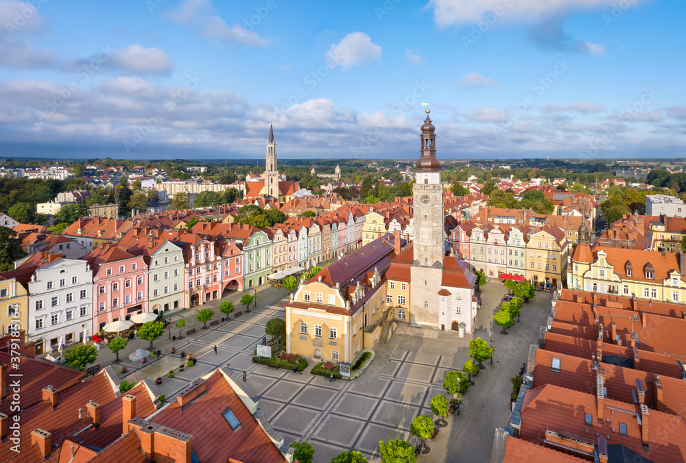 Boleslawiec, Poland. Aerial view of Rynek square with historic colorful buildings, town hall and belfry