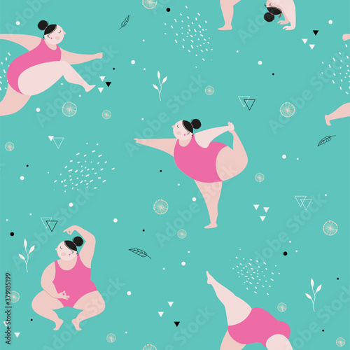 Seamless pattern plump girl doing sports.Flat design.Vector illustration.