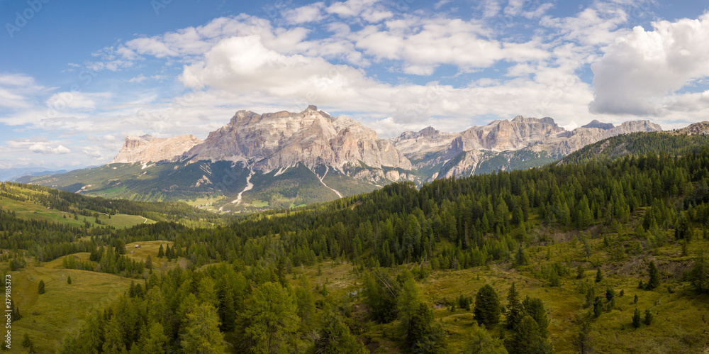 Aerial/Drone - Piz de Medesc (Medesspitze) and Cima Cunturines (Cunturines-Spitze) beautiful panorama landscape of the dolomites mountains, alpes south tyrol Italy