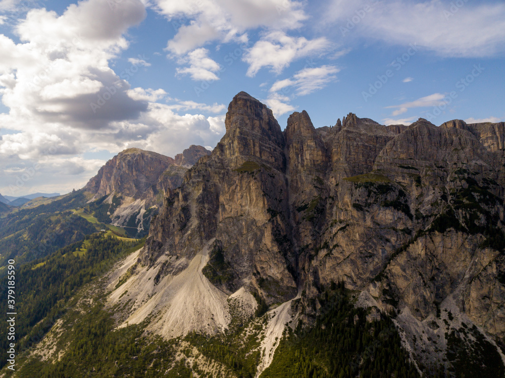Aerial/Drone - Aerial panoramic view of Pizes de Cir - Cirspitzen. Panorama in the Dolomites Mountanis in South Tyrol Italy.