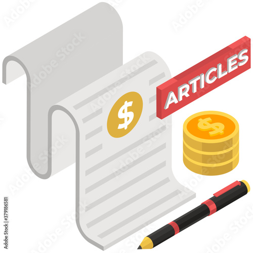 
Paid for articles icon, dollars with document
