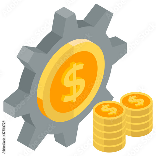 
Banknote with gear, making money concept in isometric vector 
