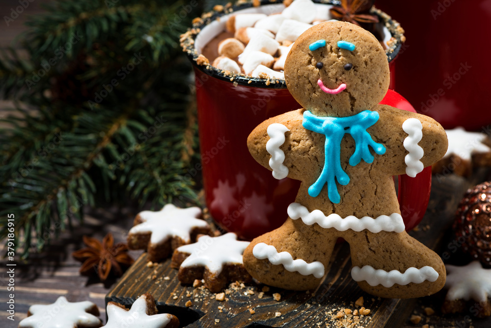 gingerbread man cookies and hot chocolate, closeup