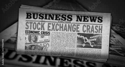 Photography Business review newspapers with stock exchange crash printing