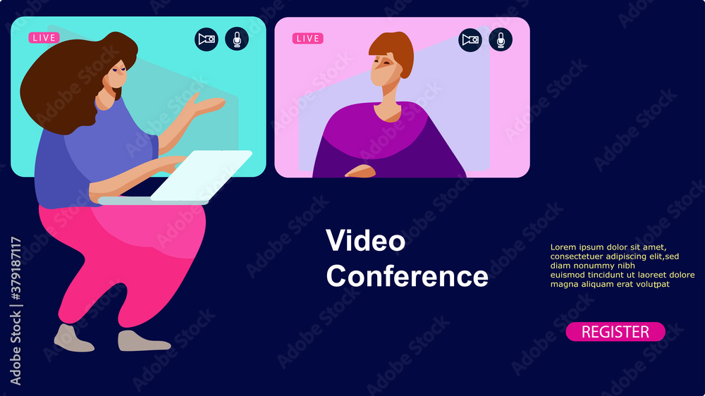 Men and women have a conversation with a video conference. Vector concept for a web page
